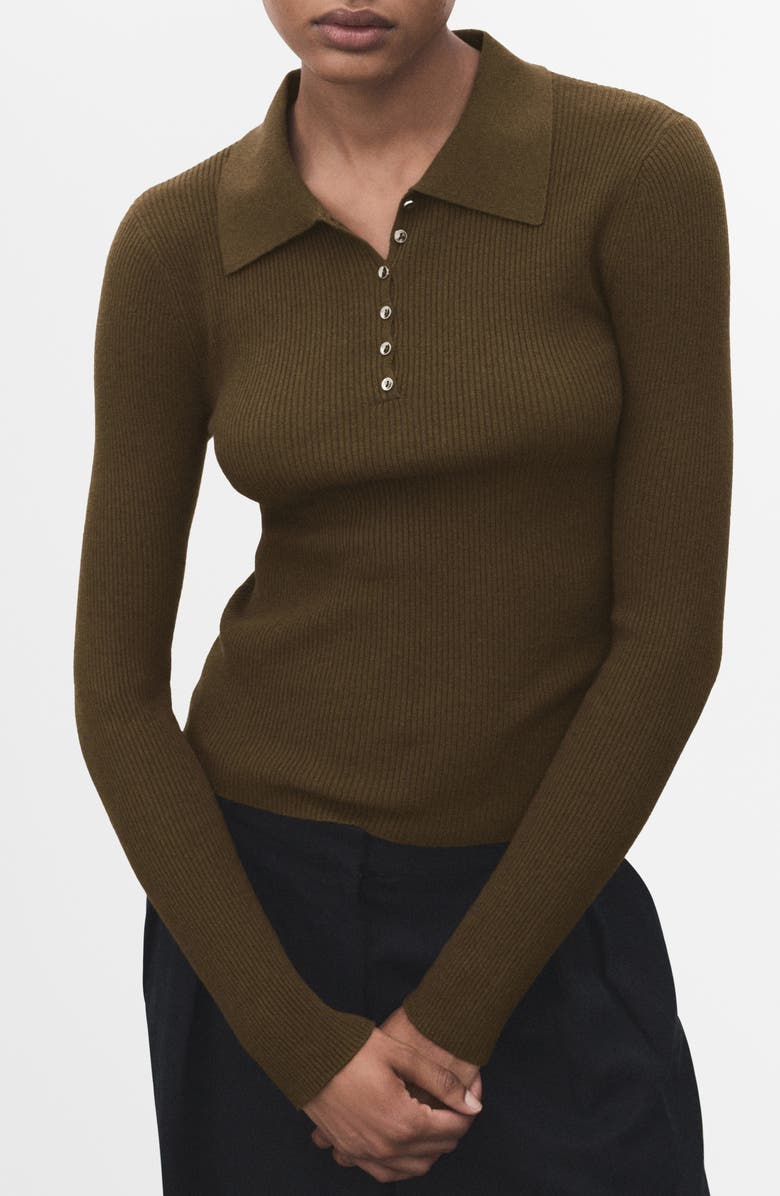 MANGO Rib Long Sleeve Polo Sweater, Main, color, Khaki Green