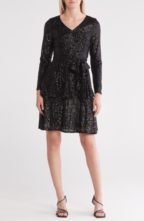 Sequin Long Sleeve Tiered Dress