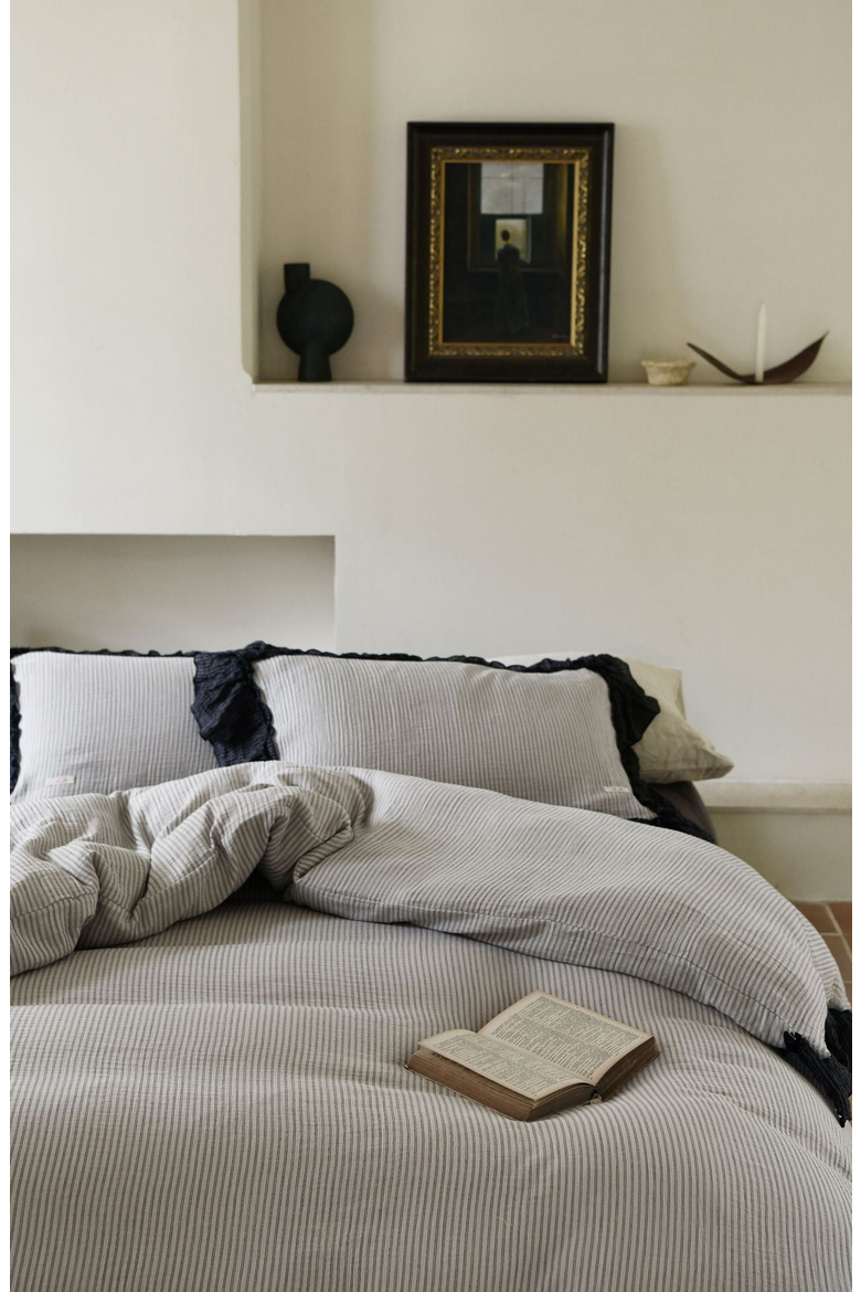 Stripe Ruffle Lace Bedding Set, Alternate, color, Gray Stripe / Ruffle