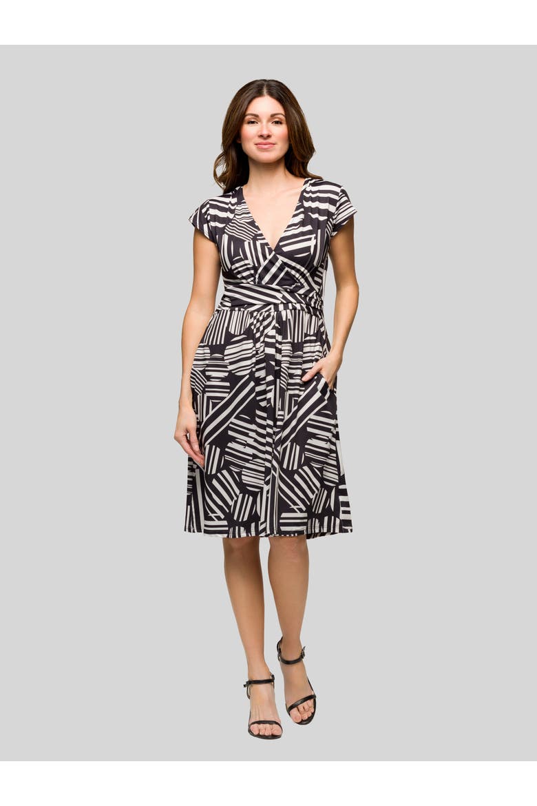 Cap Sleeve Black and White V-Neck Knee Length Pocket Dress, Main, color, Black Multi