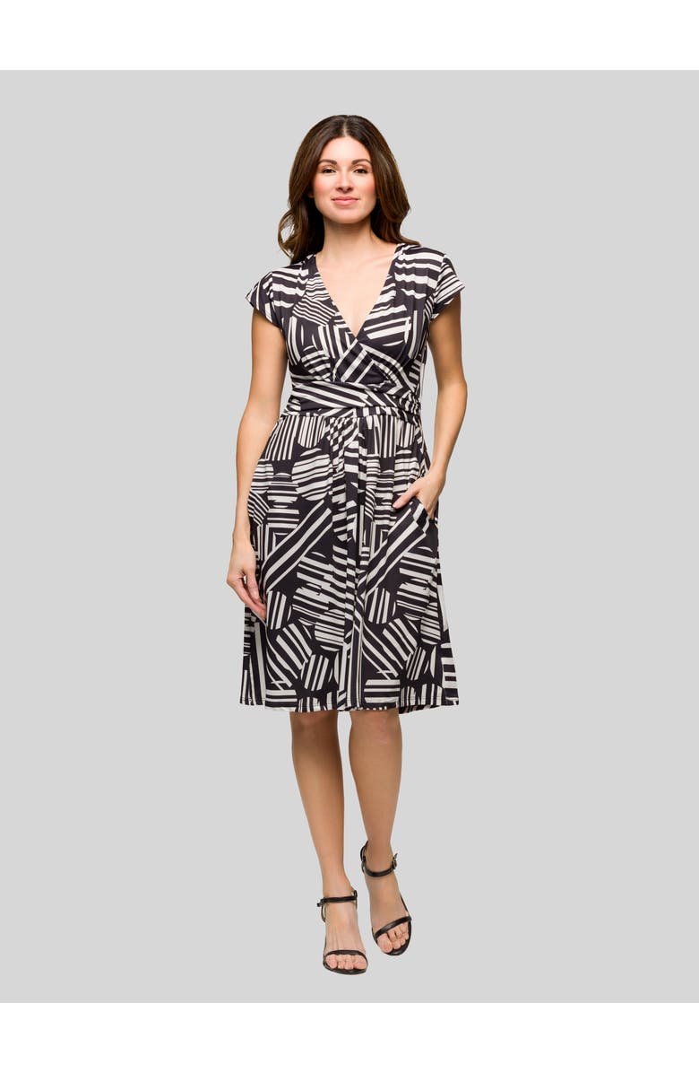 24seven Comfort Apparel Cap Sleeve Black and White V-Neck Knee Length Pocket Dress, Main, color, Black Multi