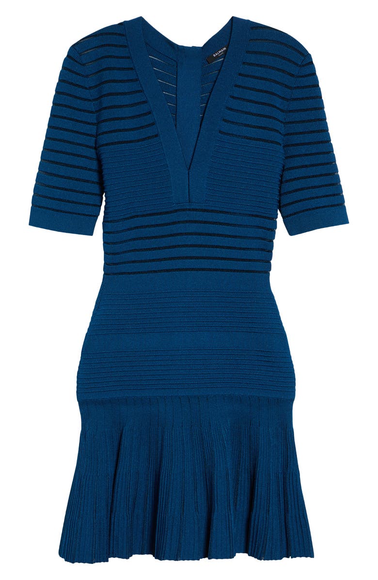 Balmain Stripe Ottoman Stitch Flounce Sweater Dress, Main, color, 6Br Night Blue