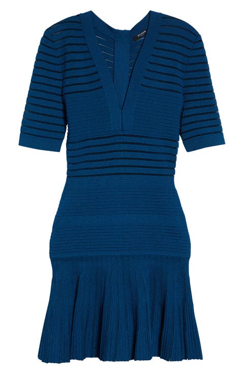 Stripe Ottoman Stitch Flounce Sweater Dress