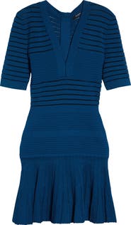 Balmain Stripe Ottoman Stitch Flounce Sweater Dress