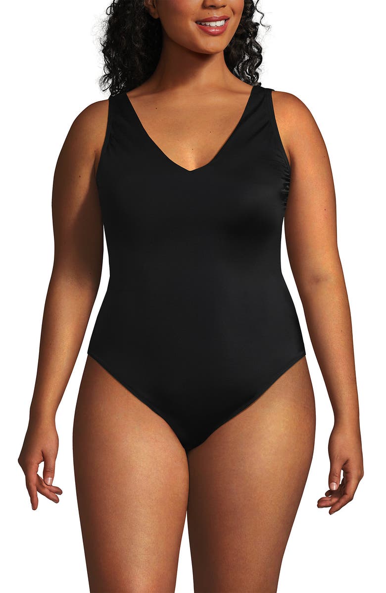 Lands' End Plus Size Tugless V-Neck High Leg One Piece Swimsuit, Alternate, color, Black