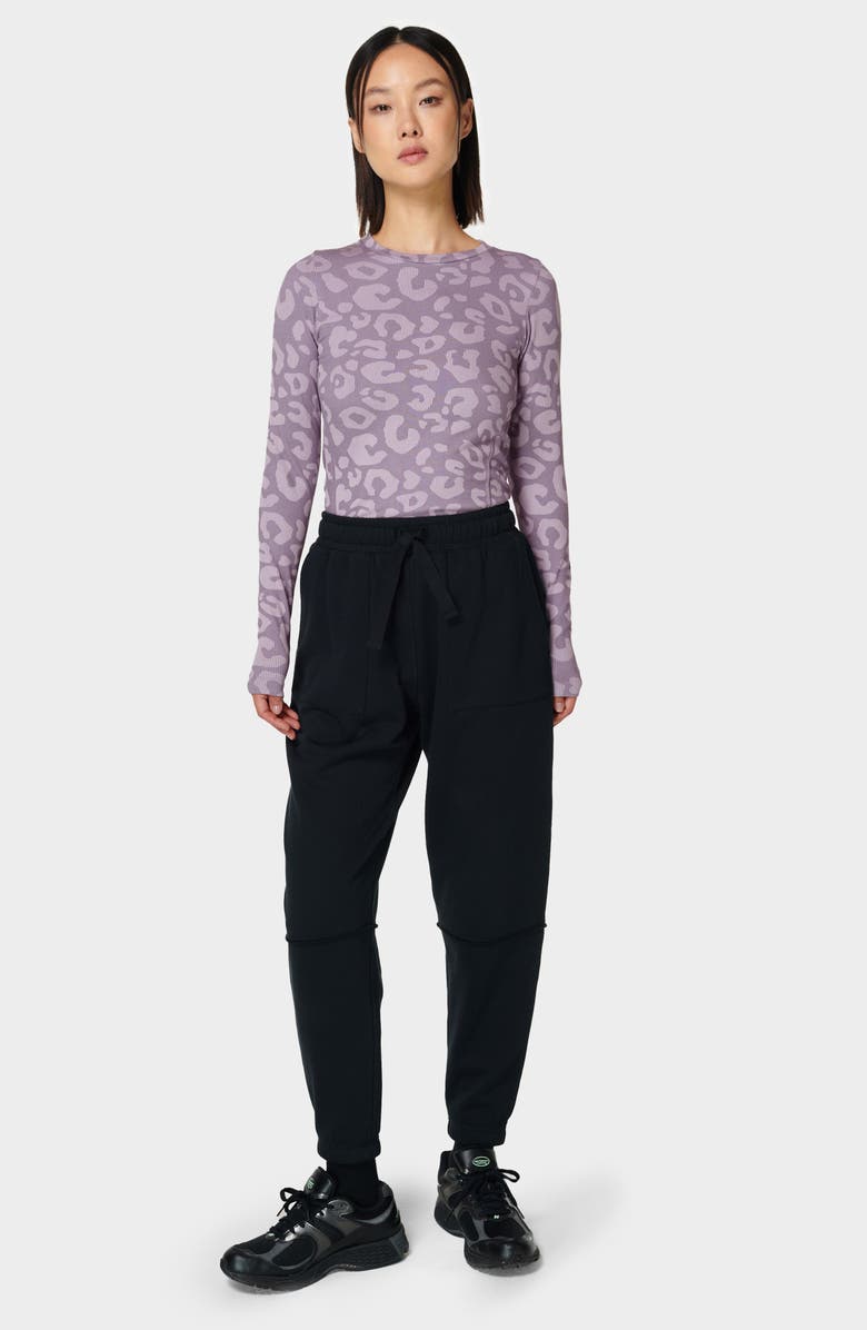 Sweaty Betty Glisten Seamless Long Sleeve Top, Alternate, color, Purple Leopard Paint Jacquard