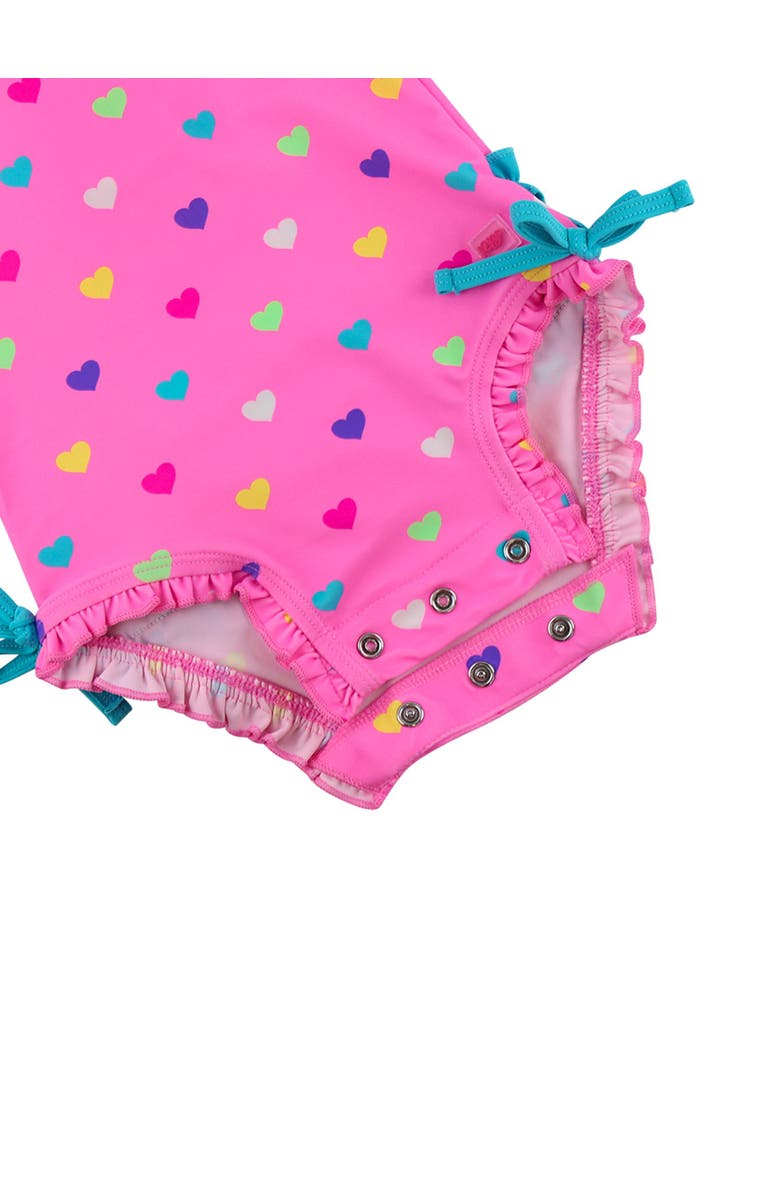 RuffleButts UPF50+ Sun Protected Neon Long Sleeve One Piece Rash Guard Swimsuit, with Signature Rear Ruffles, Alternate, color, Neon Pink Colorful Hearts
