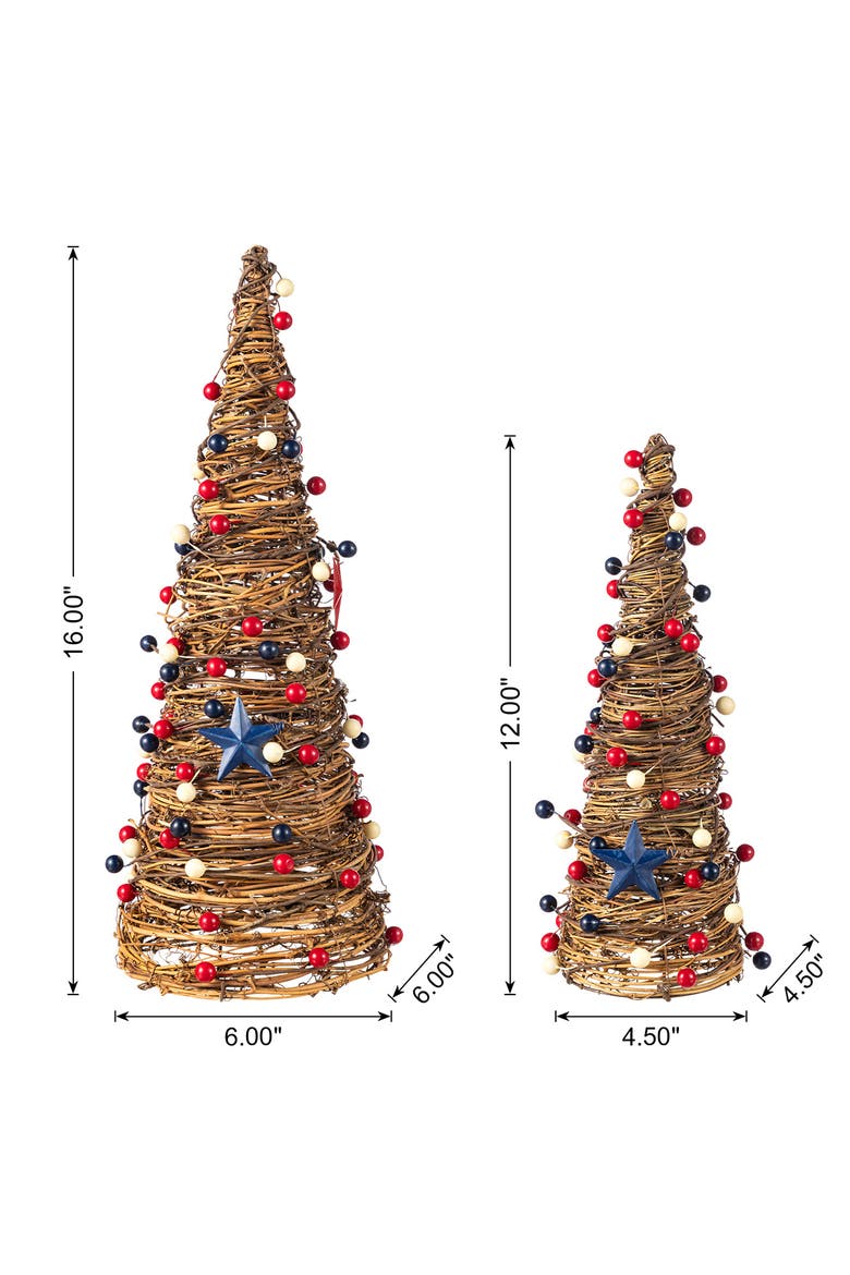 Set of 2 Patriotic Americana Rattan Stars & Berry Cone Table Tree, Alternate, color, Blue