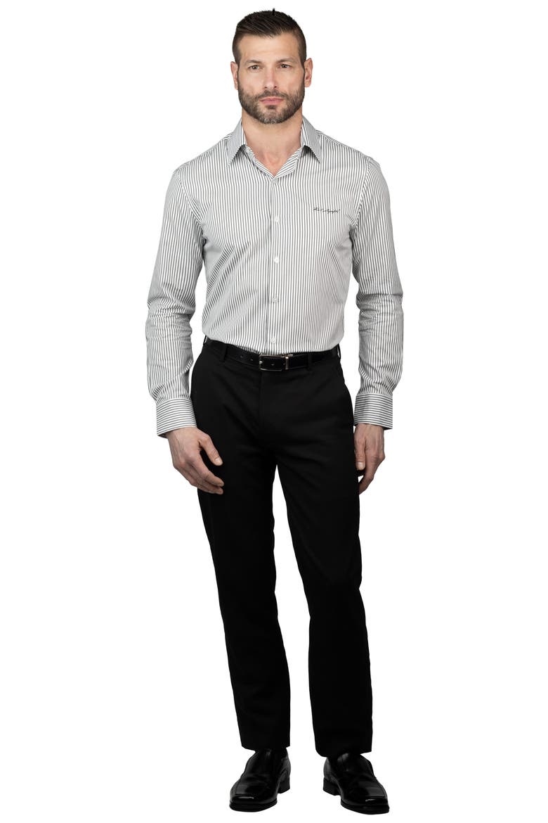 Trim Fit Pinstripe Cotton Dress Shirt, Alternate, color, BLACK
