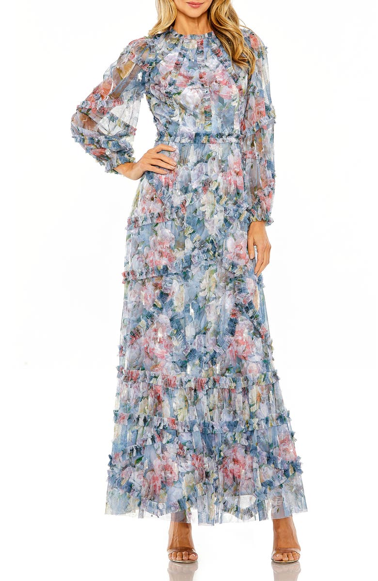 Mac Duggal Floral Long Sleeve High Neck Ruffle Detail Gown, Main, color, Platinum Multi