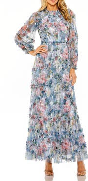 Mac Duggal Floral Long Sleeve High Neck Ruffle Detail Gown