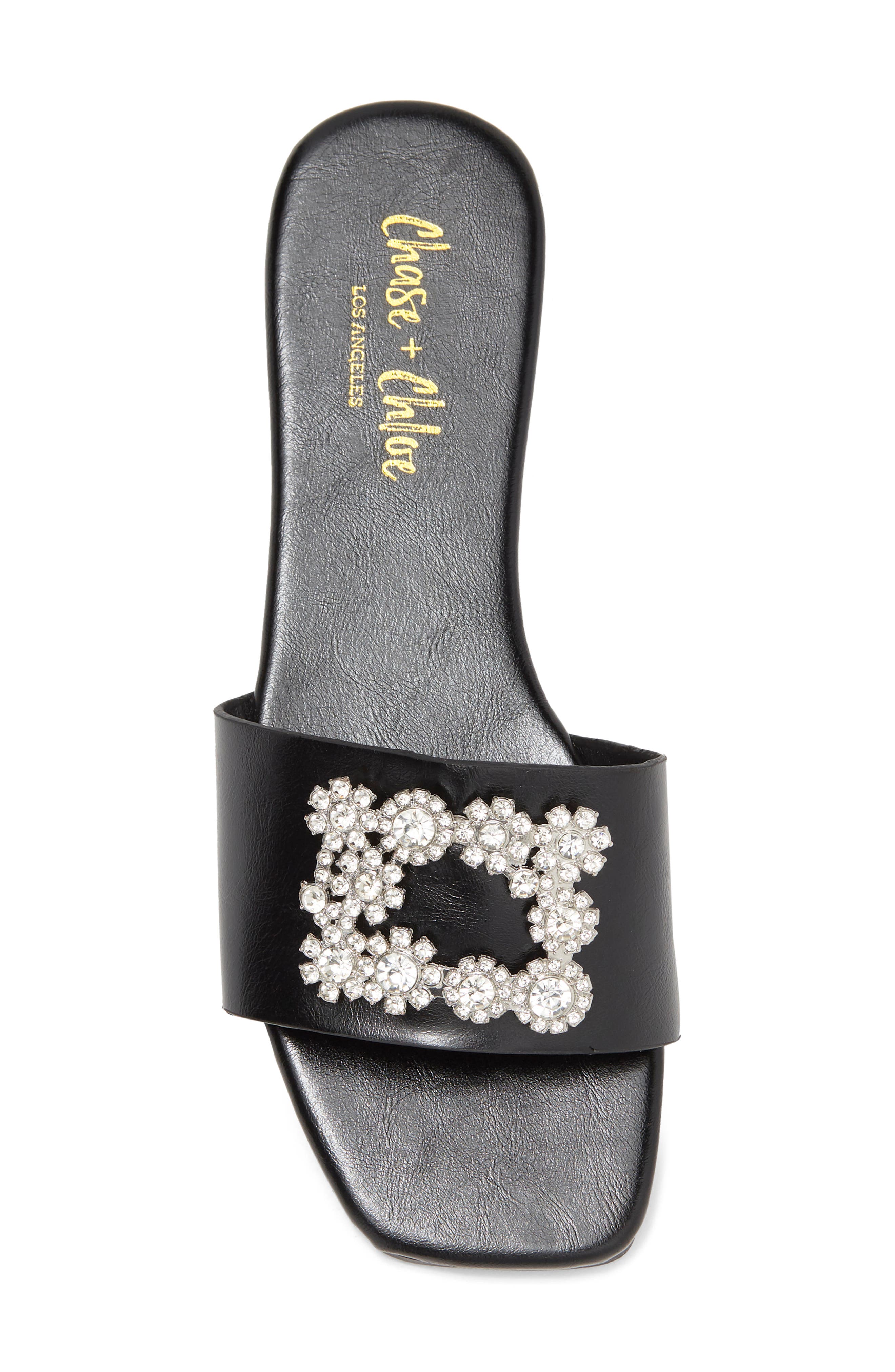 CHASE AND CHLOE Eve Embellished Slide Sandal, Alternate, color, Black Pu