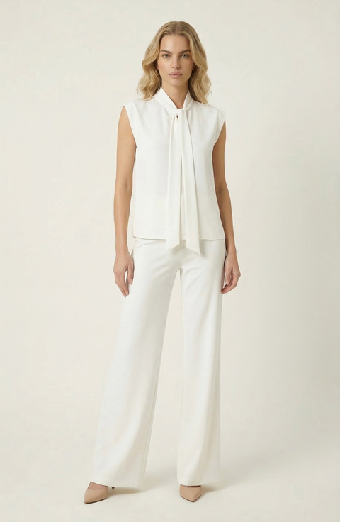 Sleeveless Tie Neck Blouse and Wide Leg Pant Set
