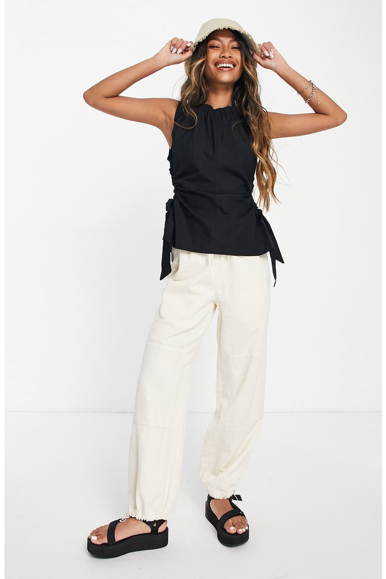Ruched Cutout Cotton Poplin Sleeveless Top, Alternate, color, BLACK