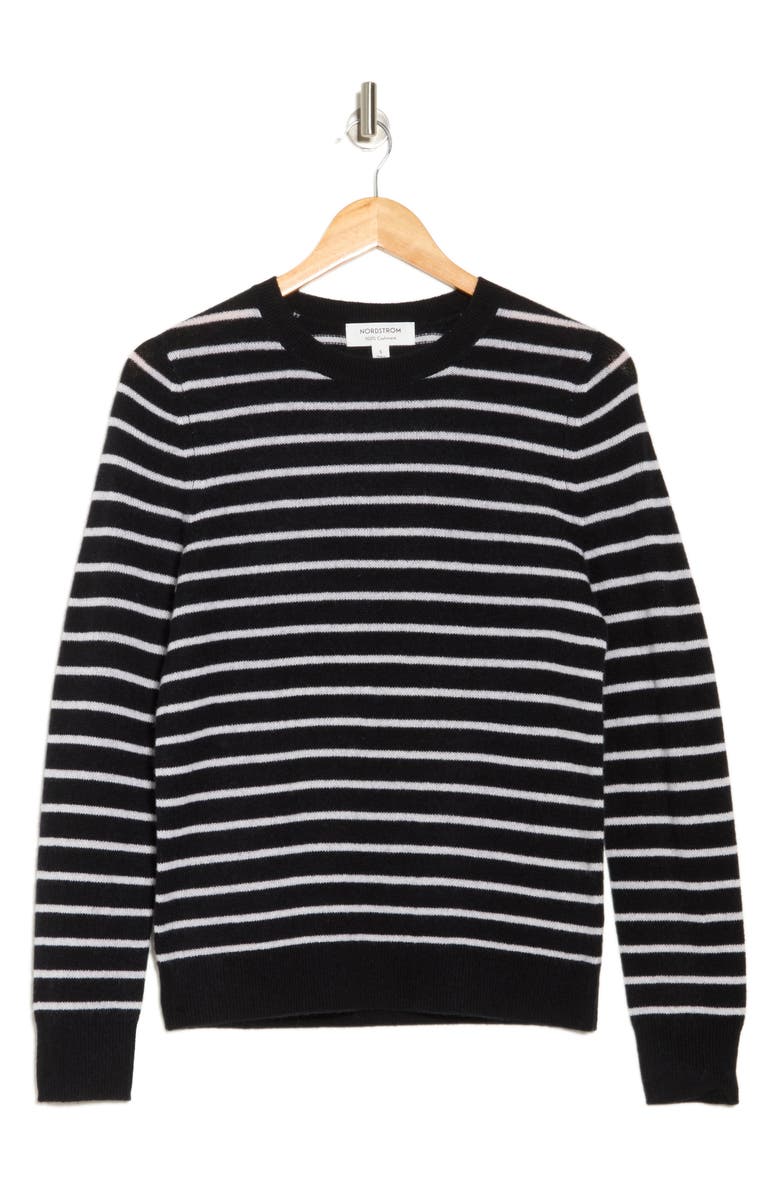Nordstrom Cashmere Crewneck Sweater, Alternate, color, Black Ivory Stripe
