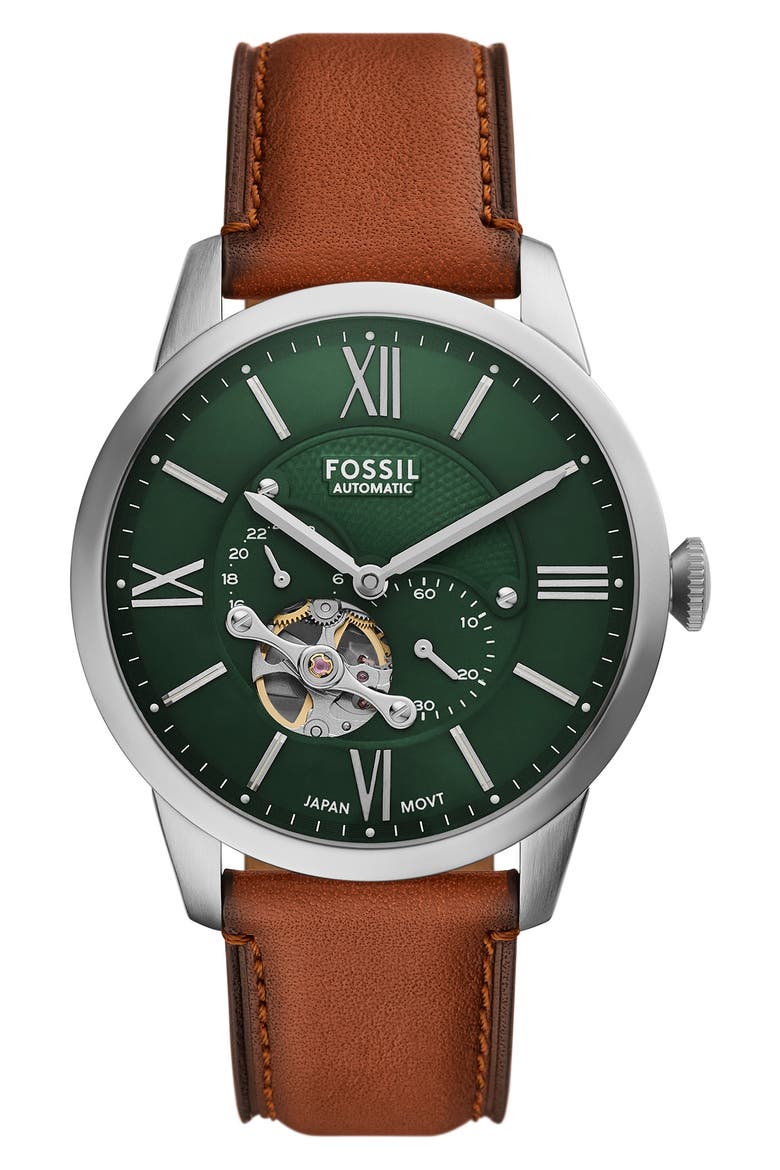 Townsman Automatic Leather Strap Watch, 44mm, Main, color, BROWN