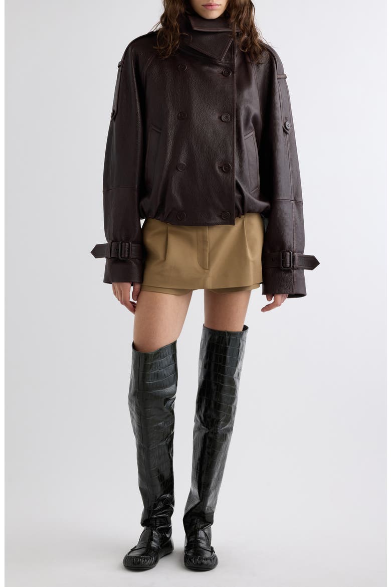 Laris Leather Crop Trench Coat, Alternate, color, DARK BROWN