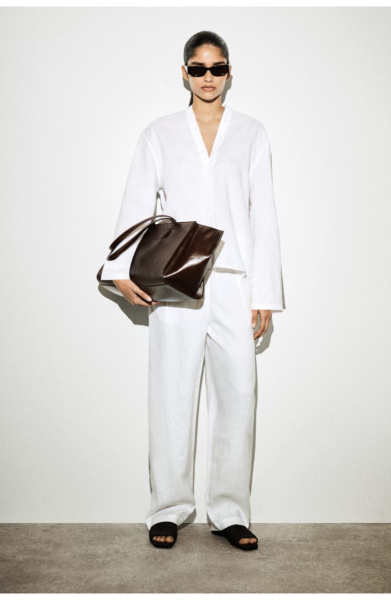 COS Button-Detail Linen V-Neck Shirt, Alternate, color, White