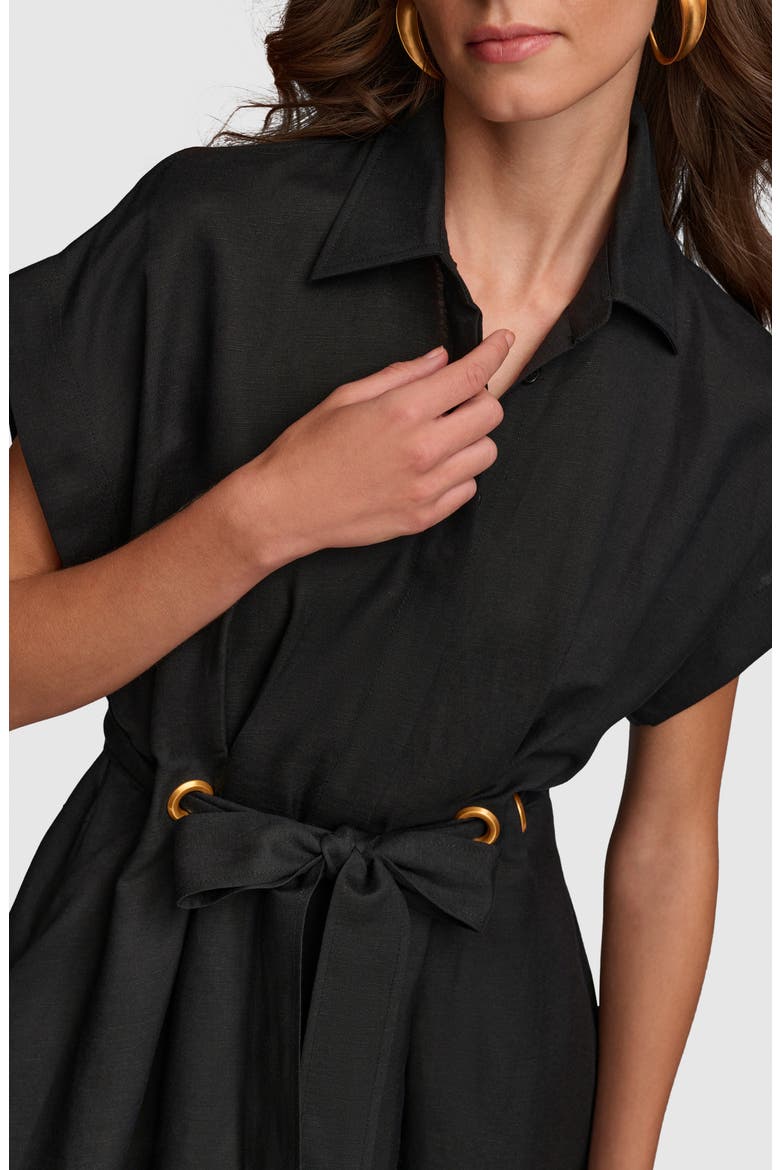 Drawstring Waist Linen Blend Shirtdress, Alternate, color, BLACK