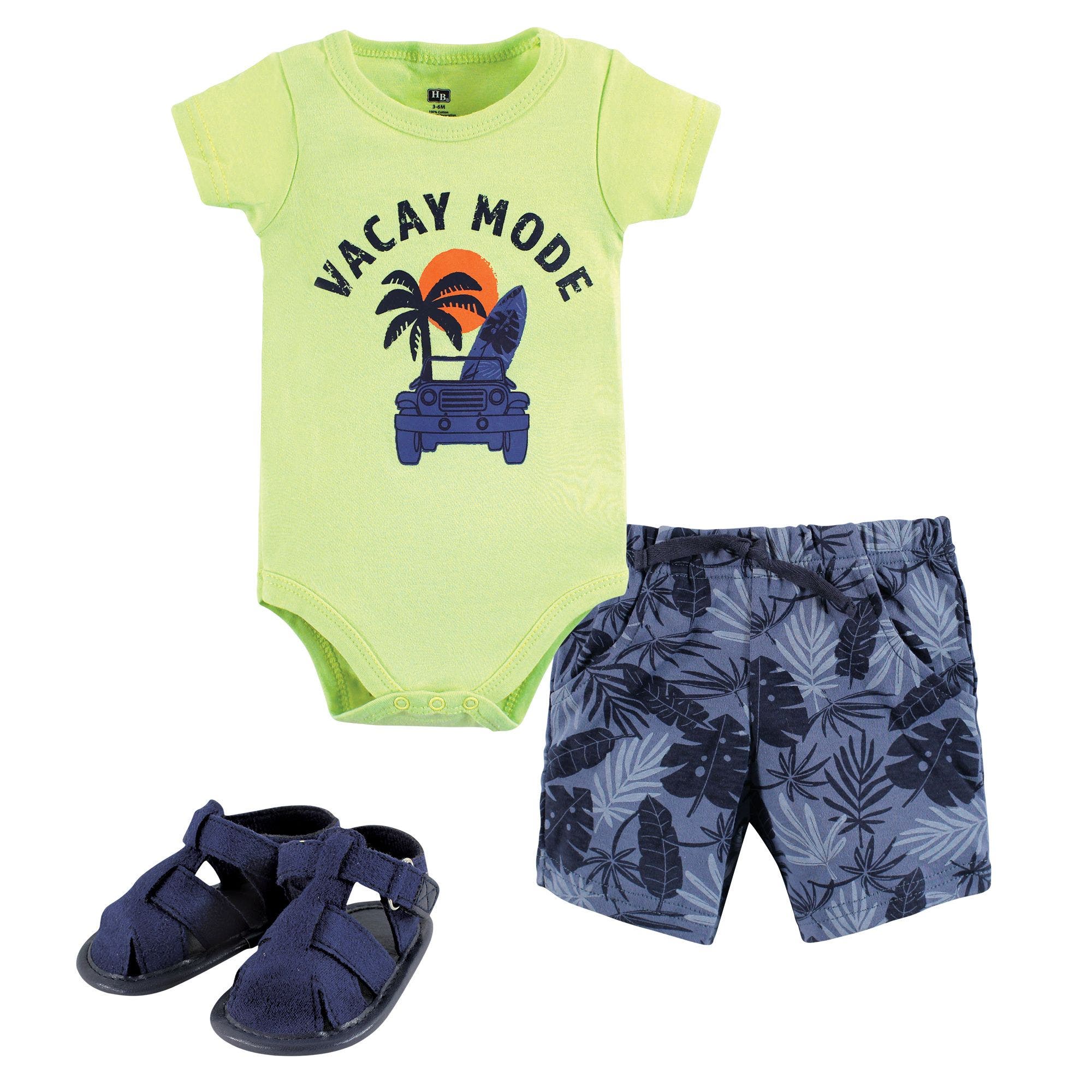 Hudson Baby Cotton Bodysuit, Shorts And Shoe Set In Green