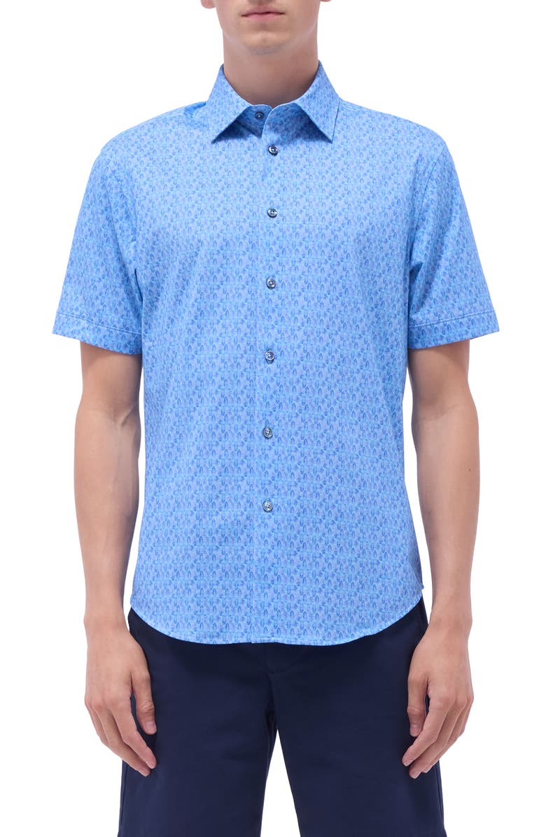 Bugatchi Miles OoohCotton<sup>®</sup> Feather Print Short Sleeve Button-Up Shirt, Main, color, 