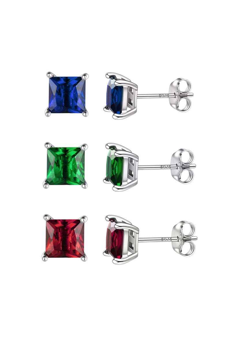 3 Pack Sterling Silver Princess Cut Studs, Main, color, Silver