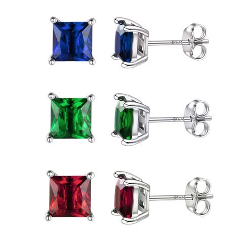 3 Pack Sterling Silver Princess Cut Studs