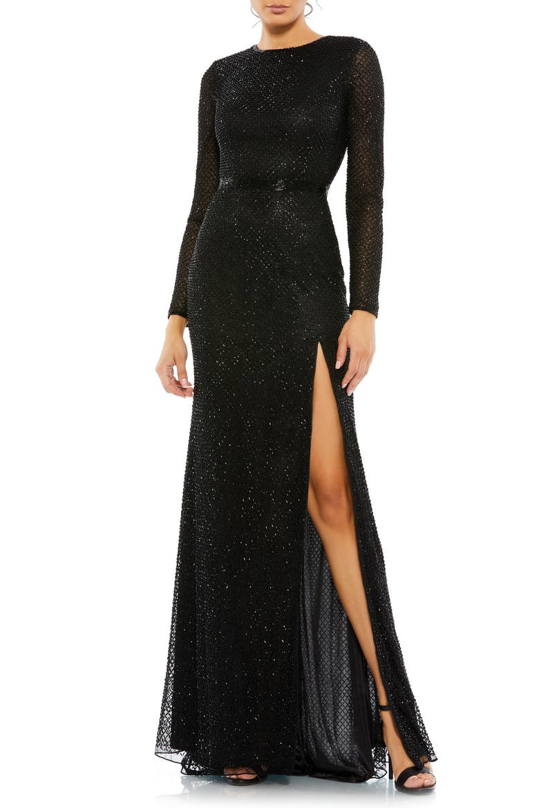 Bugle Bead Long Sleeve Sheath Gown, Main, color, BLACK