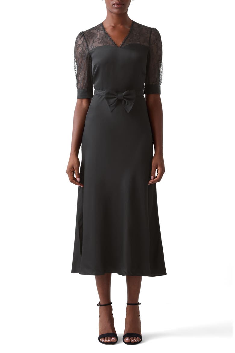 Madalena Belted Matte Satin Midi Dress, Main, color, BLACK