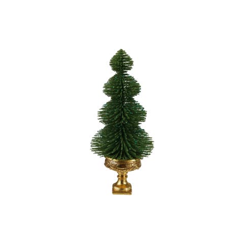 Glittered PVC Bottle Brush Tree in Resin Urn, Green & Gold