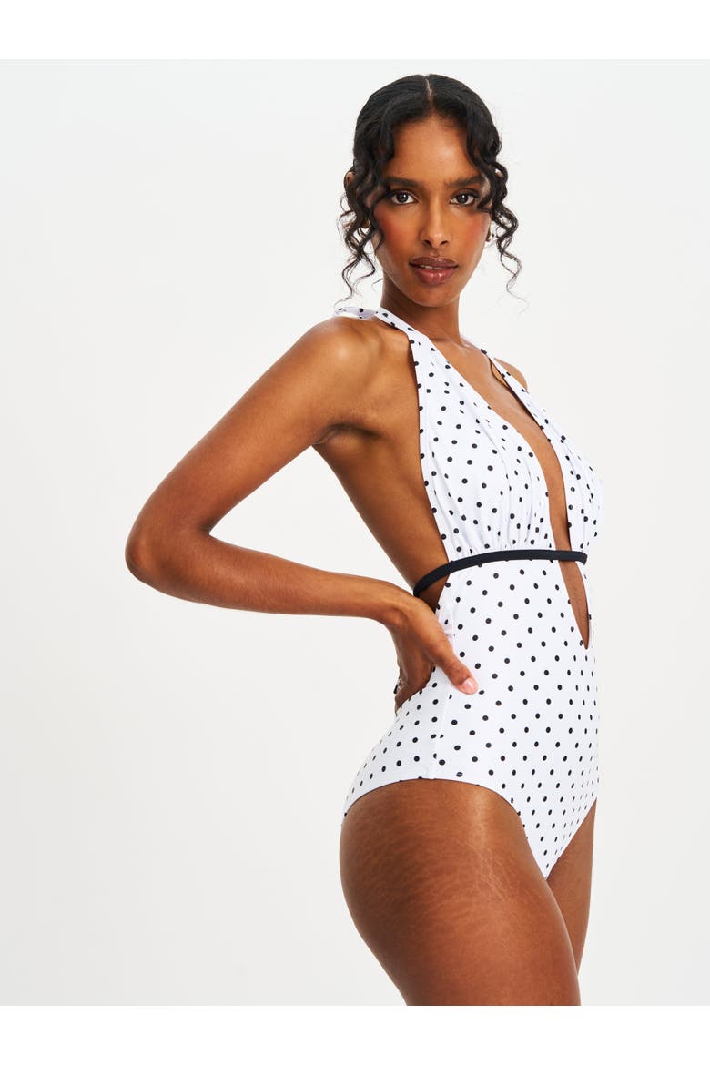 Olive Polka Dot Ruched Breast Halter Backless Swimsuit, Alternate, color, White