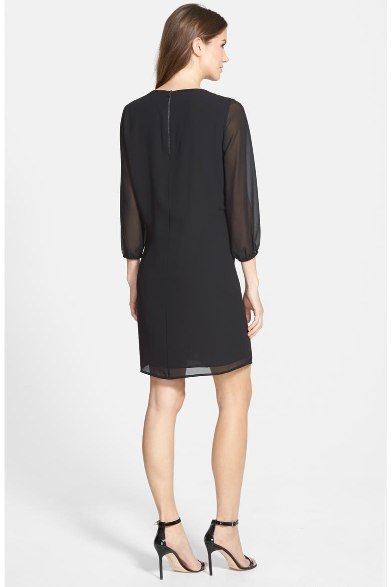 Three-Quarter Sleeve Pleat Front Dress, Alternate, color, BLACK