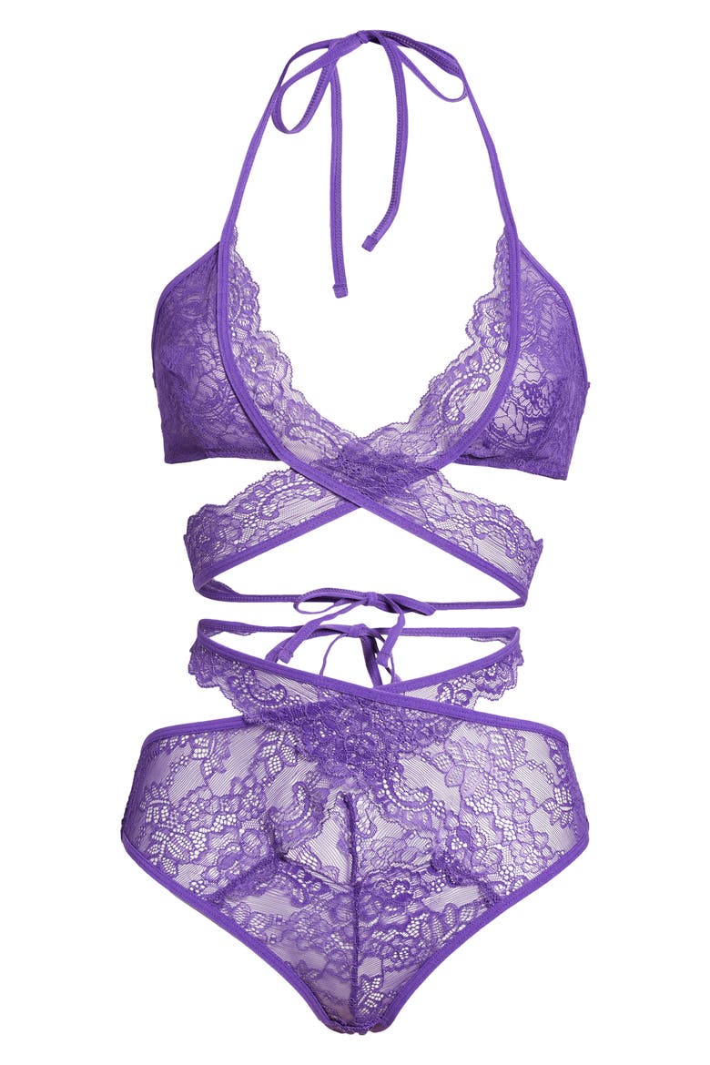 Charlena Crossover Halter Bralette & High Waist Panties Set, Alternate, color, TILLANDSIA PURPLE