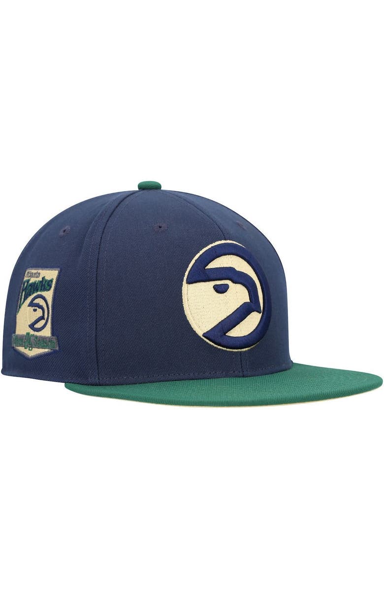 Mitchell & Ness Men's Mitchell & Ness Navy/Green Atlanta Hawks 25 Seasons Hardwood Classics Grassland Fitted Hat, Main, color,