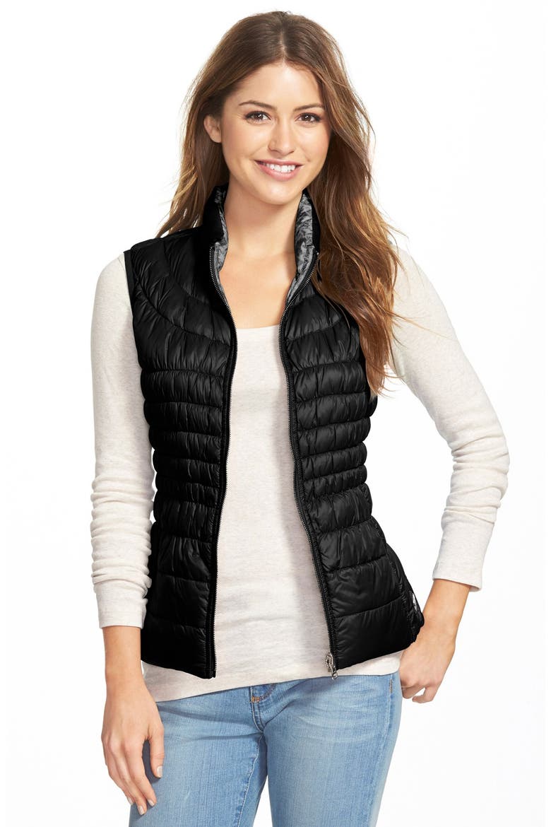 Packable Reversible Down & PrimaLoft® Vest, Main, color, BLACK