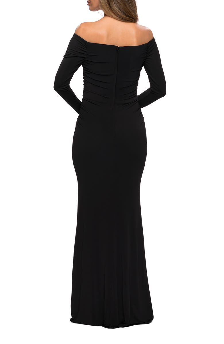 La Femme Long Sleeve Off The Shoulder Jersey Evening Gown, Alternate, color, Black