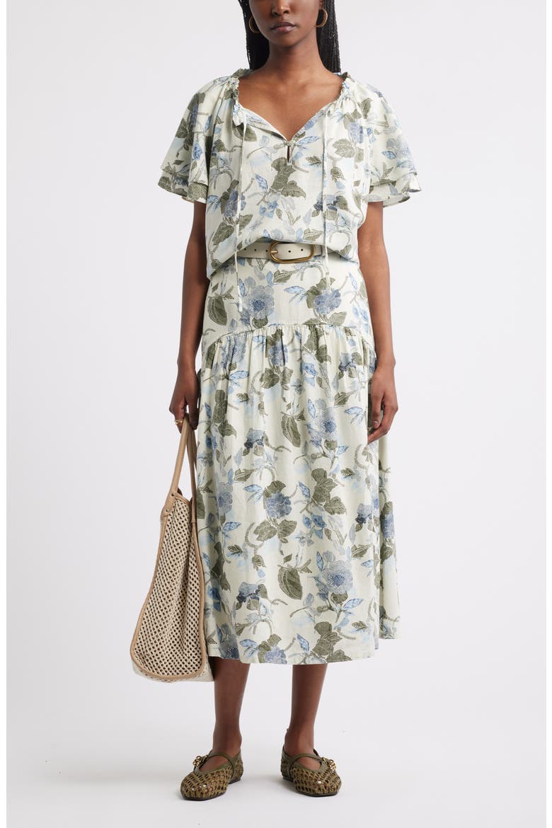 Tiered Drop Waist Linen Blend Midi Skirt, Alternate, color, IVORY- OLIVE JACOBEAN BLOOM