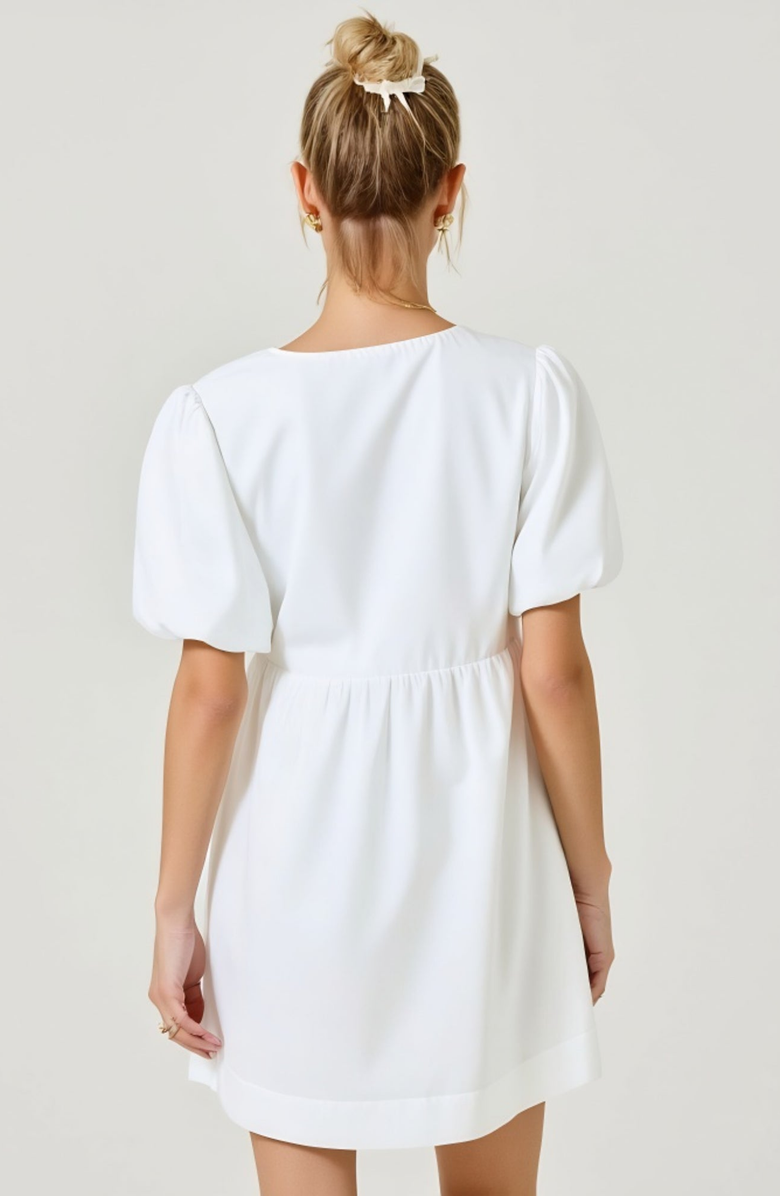 Modenaire Puff Sleeve Mini Dress with Keyhole Front and Bow Tie Detail, Alternate, color, White
