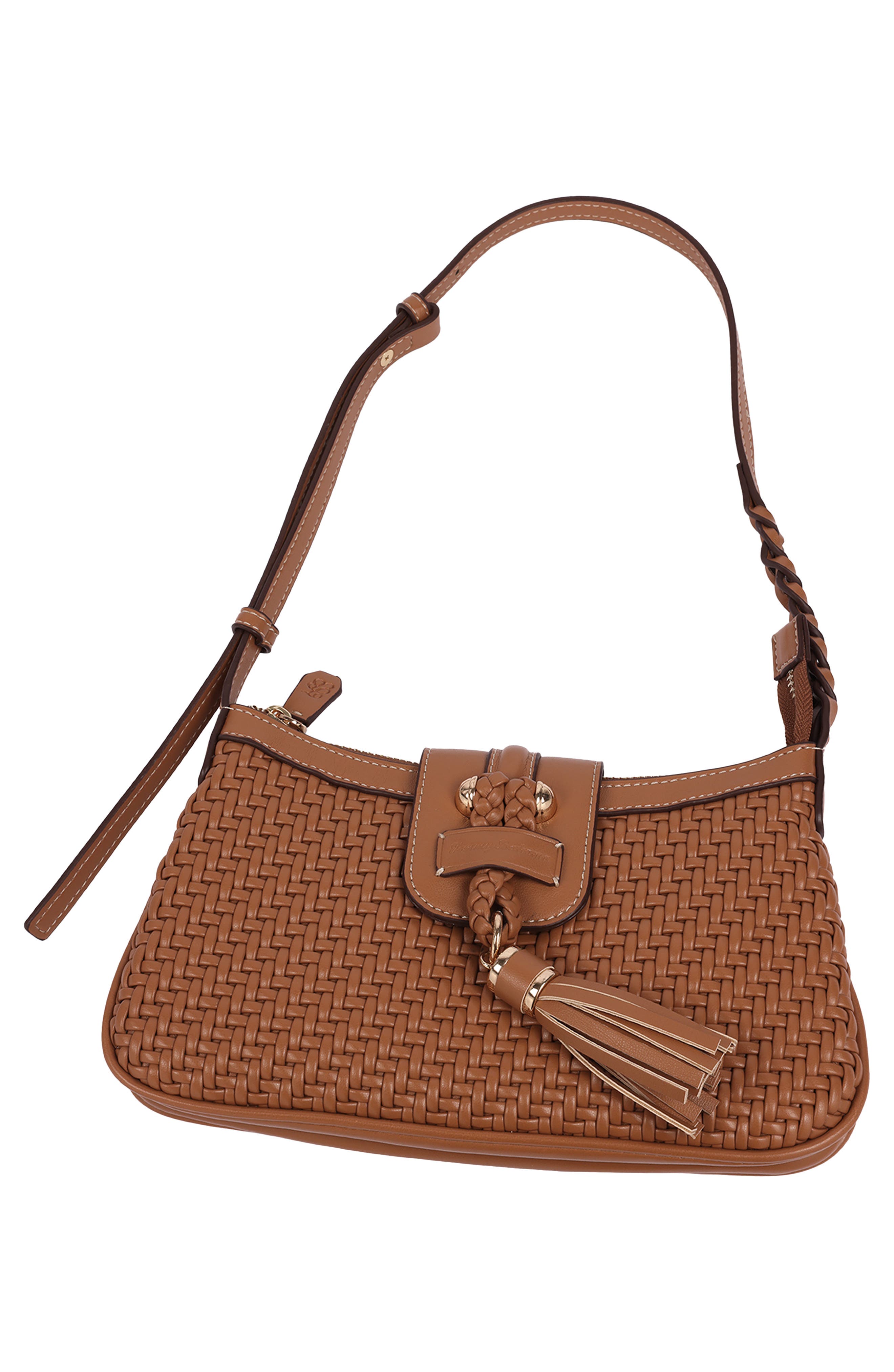 Tassel Tab Woven Faux Leather Shoulder Bag, Alternate, color, NUTMEG