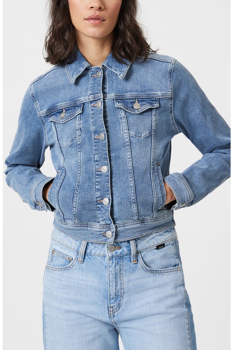 Cecilia Slim Fit Denim Trucker Jacket, Main, color, LIGHT BRUSHED FLEX BLUE