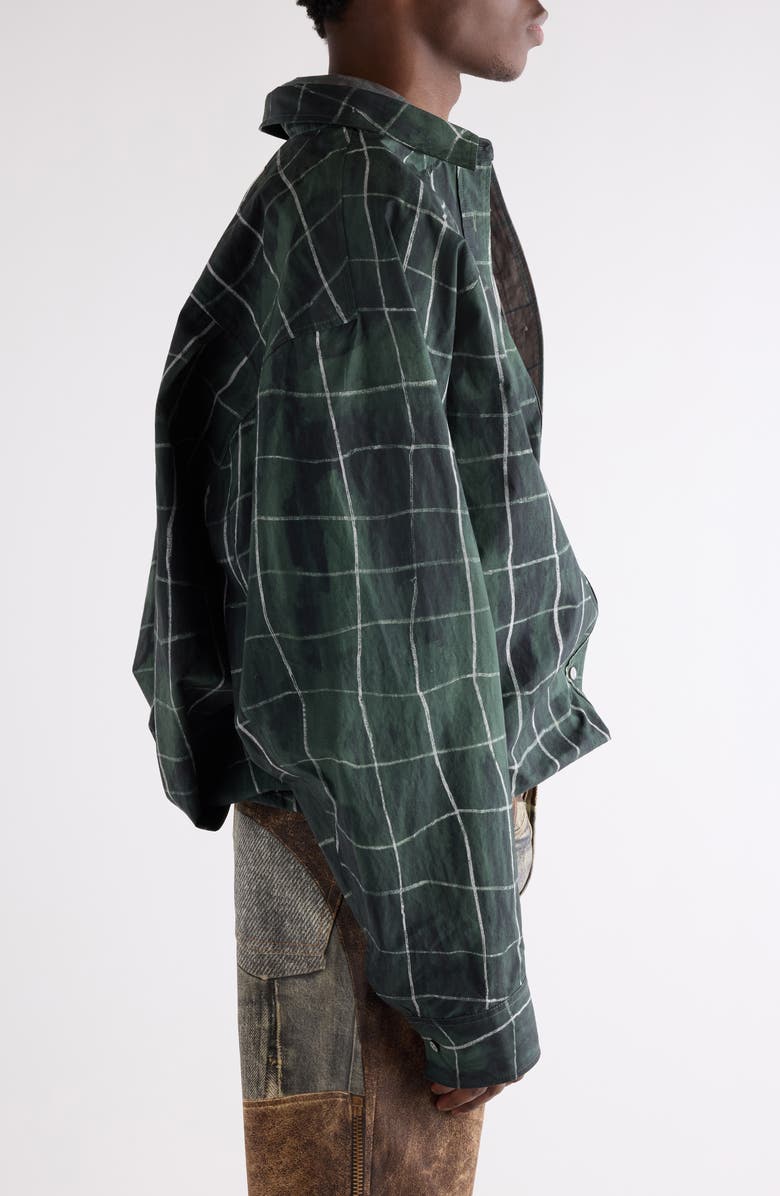 Acne Studios Sayer Painted Check Papery Cotton Poplin Layered Button-Up Shirt, Alternate, color, Green/ Grey