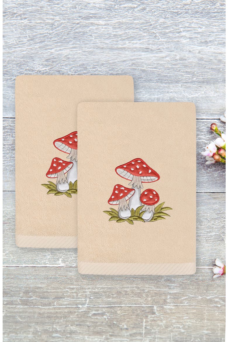 Set of 2 Spring Mushrooms Embroidered Turkish Cotton Hand Towels, Alternate, color, SAND
