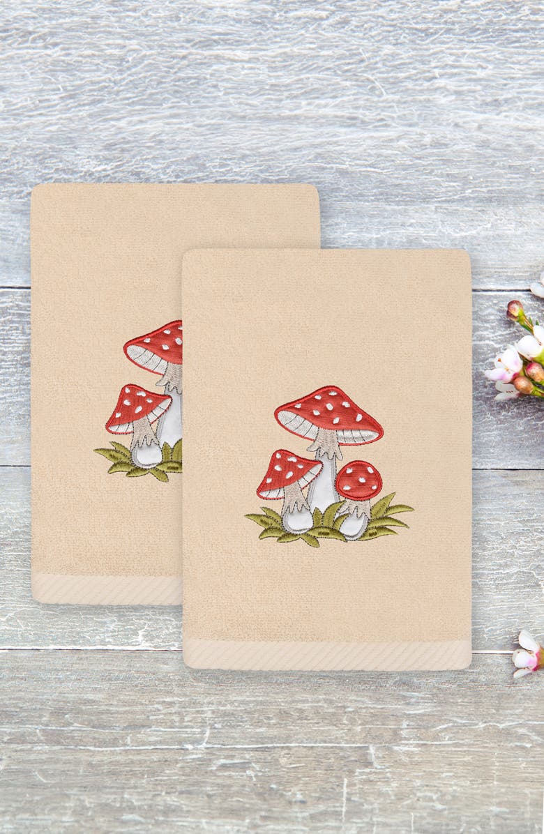Linum Home Textiles Set of 2 Spring Mushrooms Embroidered Turkish Cotton Hand Towels, Alternate, color, Sand