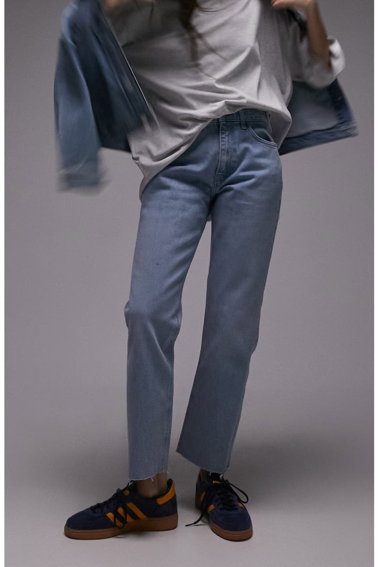 Raw Hem Mid Rise Straight Leg Jeans, Alternate, color, LIGHT BLUE