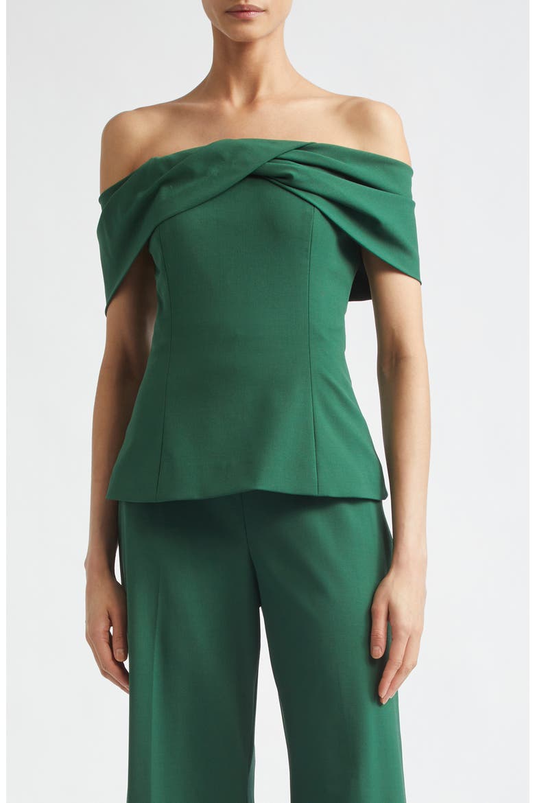 Draped Off the Shoulder Stretch Virgin Wool Top, Main, color, RACING GREEN