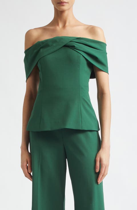 Draped Off the Shoulder Stretch Virgin Wool Top