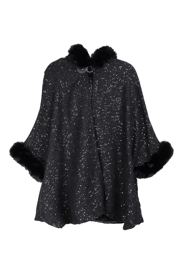 Stars Faux Fur Trim Hooded Ruana, Alternate, color, BLACK