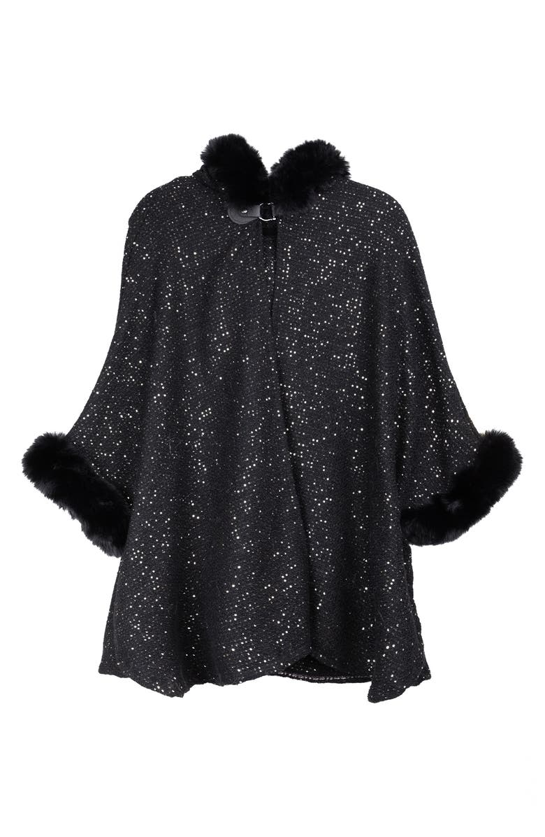 SAACHI Stars Faux Fur Trim Hooded Ruana, Alternate, color, Black