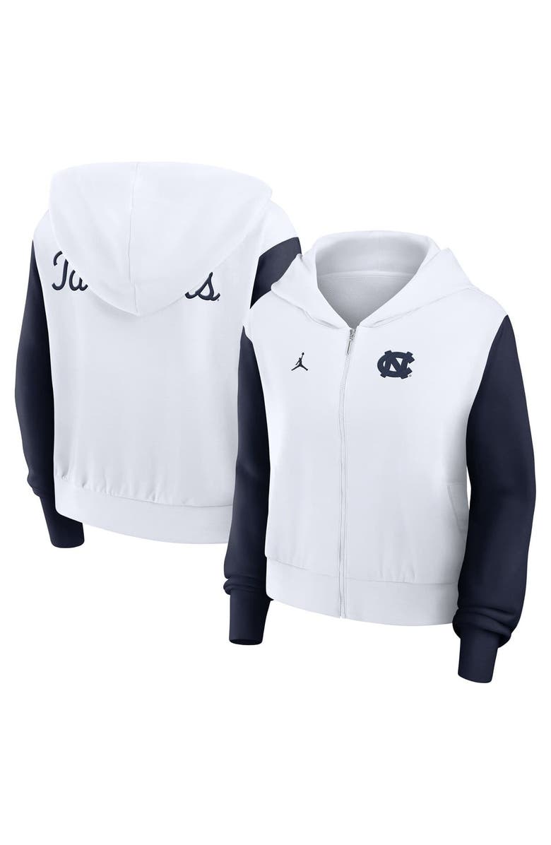 Jordan Brand Women's Jordan Brand White North Carolina Tar Heels Cropped Athletic Prep Color Block Script Full-Zip Hoodie, Main, color, White
