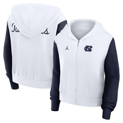 Women's Jordan Brand White North Carolina Tar Heels Cropped Athletic Prep Color Block Script Full-Zip Hoodie